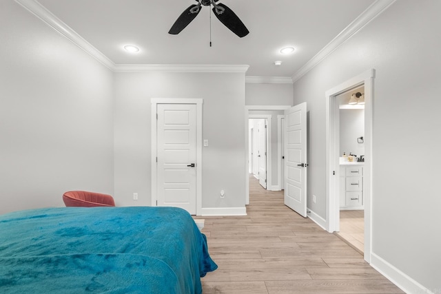 67 Falstone Dr, Little Rock, AR 72223 - bedroom featuring ornamental molding, light wood-type flooring, baseboards, connected bathroom, and ceiling fan