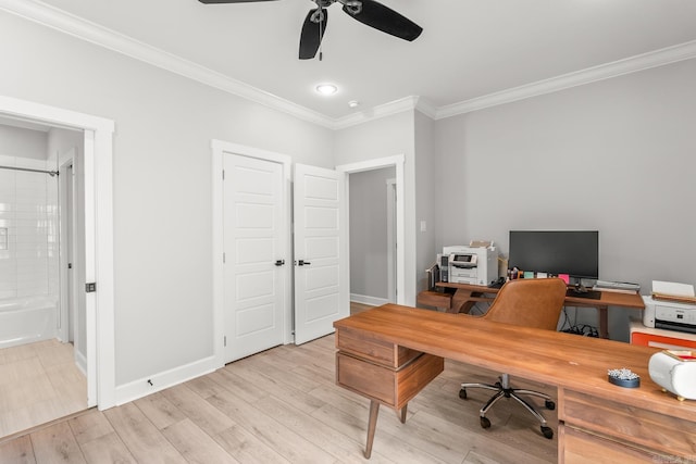 67 Falstone Dr, Little Rock, AR 72223 - home office with ornamental molding, a ceiling fan, light wood finished floors, and baseboards