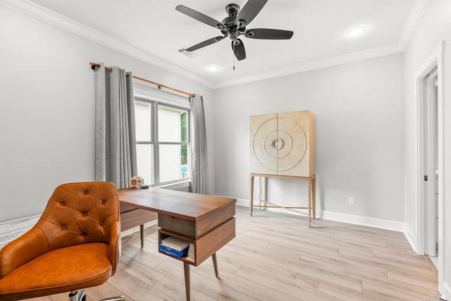 67 Falstone Dr, Little Rock, AR 72223 - office space featuring baseboards, light wood-style floors, crown molding, a ceiling fan, and recessed lighting