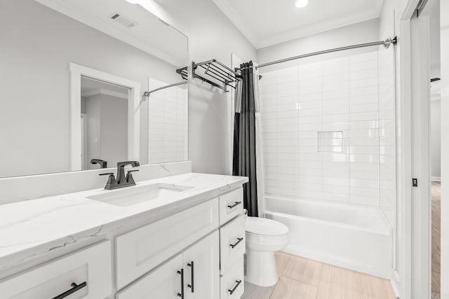 67 Falstone Dr, Little Rock, AR 72223 - full bathroom featuring vanity, shower / bath combo, toilet, ornamental molding, and recessed lighting