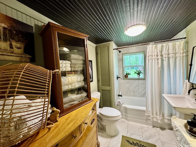 2645 Jumbo Rd, Melbourne, AR 72556 - full bathroom with marble finish floors, shower / tub combo, toilet, a sink, and wood ceiling