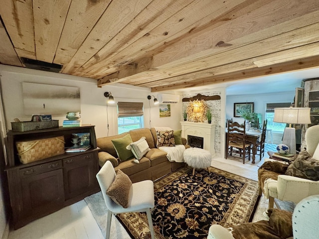 2645 Jumbo Rd, Melbourne, AR 72556 - living room with wood finished floors, an AC wall unit, wooden ceiling, and a fireplace