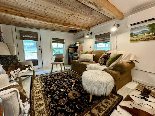 2645 Jumbo Rd, Melbourne, AR 72556 - living area featuring a wall unit AC and wood ceiling with exposed beams