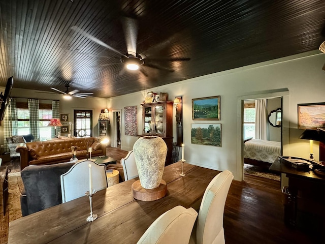 2645 Jumbo Rd, Melbourne, AR 72556 - dining room with a ceiling fan, wood finished floors, and wooden ceiling