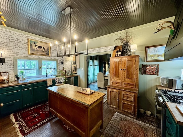 2645 Jumbo Rd, Melbourne, AR 72556 - kitchen with wood ceiling, dark wood-type flooring, black range with gas cooktop, a center island, and stainless steel dishwasher
