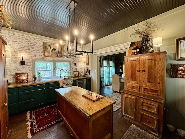 2645 Jumbo Rd, Melbourne, AR 72556 - kitchen with dark wood-style floors, a center island, stainless steel dishwasher, butcher block countertops, and wood ceiling