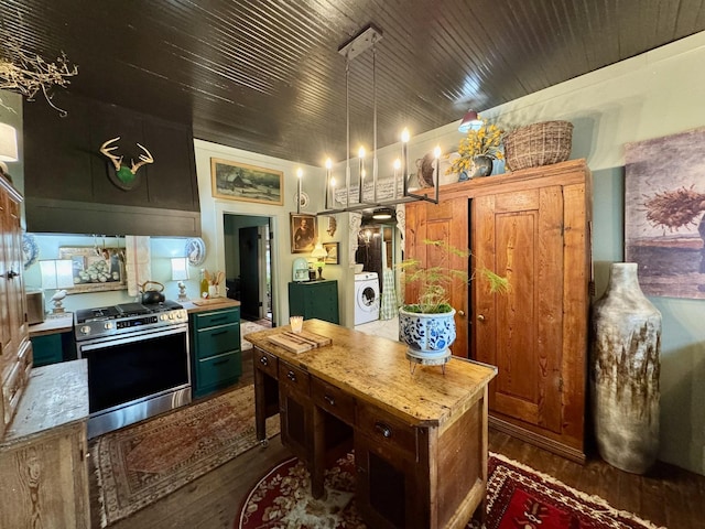 2645 Jumbo Rd, Melbourne, AR 72556 - kitchen with stainless steel gas range, dark wood-type flooring, wooden ceiling, butcher block countertops, and pendant lighting