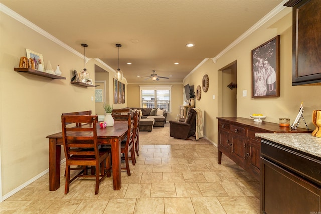 1210 Matehuala Blvd, North Little Rock, AR 72118 - dining area with crown molding, ceiling fan, recessed lighting, baseboards, and light stone finish flooring