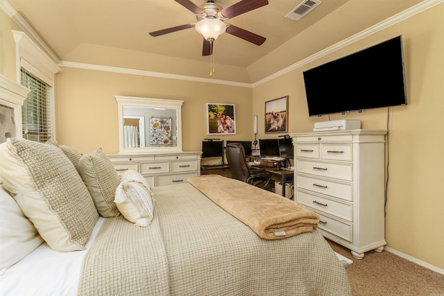 1210 Matehuala Blvd, North Little Rock, AR 72118 - bedroom featuring light carpet, baseboards, a desk, a ceiling fan, and crown molding