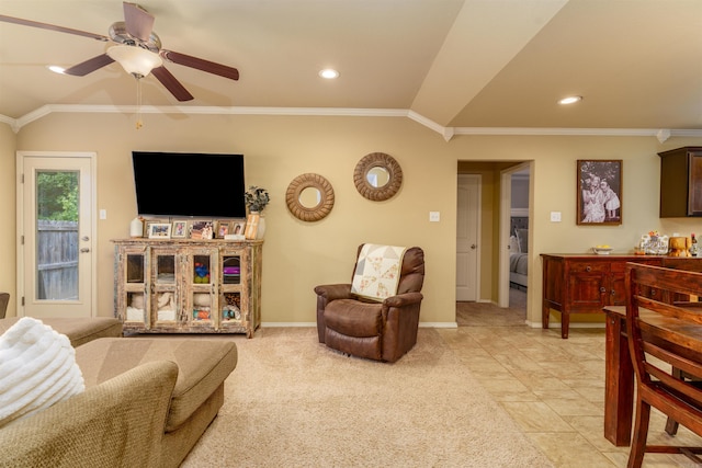 1210 Matehuala Blvd, North Little Rock, AR 72118 - living area featuring ceiling fan, crown molding, vaulted ceiling, recessed lighting, and baseboards