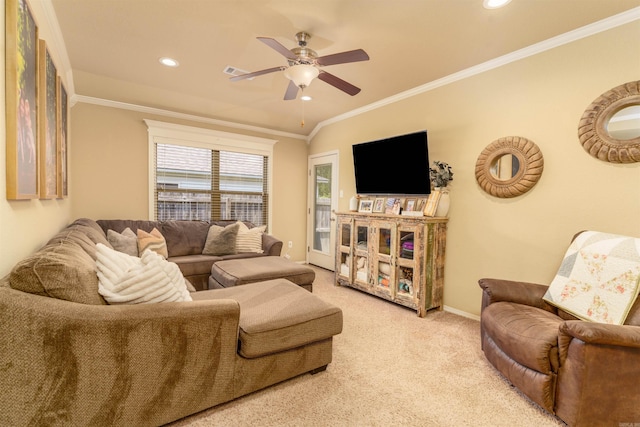 1210 Matehuala Blvd, North Little Rock, AR 72118 - living area featuring a ceiling fan, light carpet, baseboards, crown molding, and recessed lighting