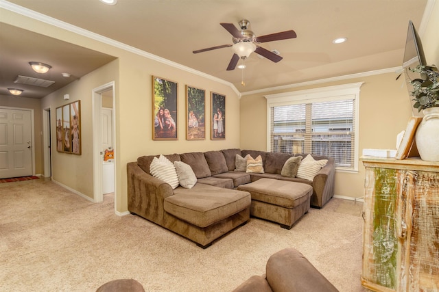 1210 Matehuala Blvd, North Little Rock, AR 72118 - living area featuring light carpet, baseboards, ceiling fan, ornamental molding, and recessed lighting