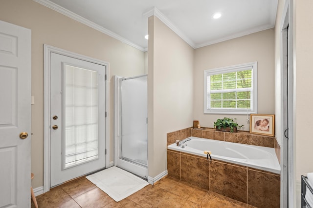 206 Brown, Hot Springs, AR 71913 - full bathroom featuring a bath, crown molding, a shower stall, and tile patterned floors