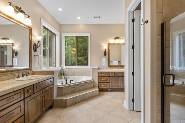 34 Chemin Ct, Little Rock, AR 72223 - full bathroom with two vanities, a bath, tile patterned floors, ornamental molding, and a stall shower