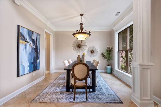 34 Chemin Ct, Little Rock, AR 72223 - dining space with ornate columns, crown molding, light tile patterned floors, and baseboards