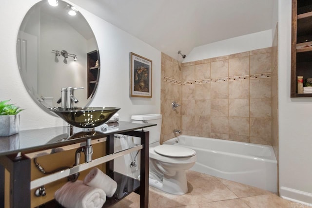 34 Chemin Ct, Little Rock, AR 72223 - full bathroom with toilet,  shower combination, tile patterned flooring, vanity, and lofted ceiling