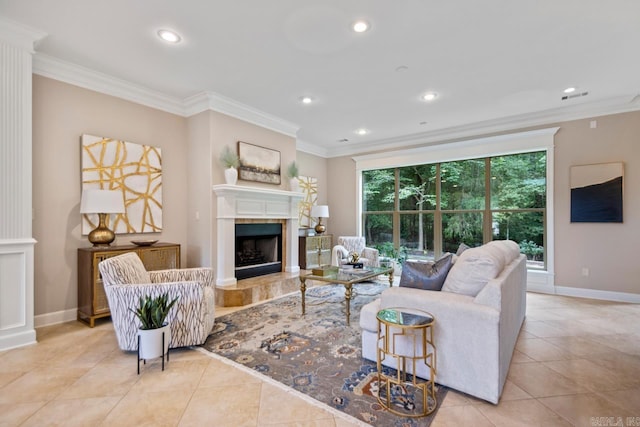 34 Chemin Ct, Little Rock, AR 72223 - living room with ornamental molding, tile patterned floors, recessed lighting, baseboards, and a fireplace