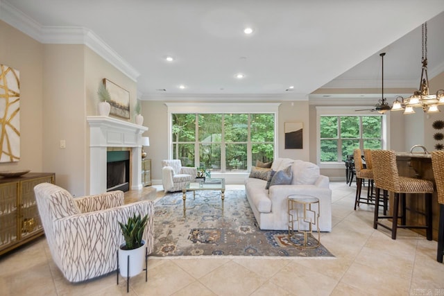 34 Chemin Ct, Little Rock, AR 72223 - living area with ornamental molding, light tile patterned flooring, a fireplace, and recessed lighting