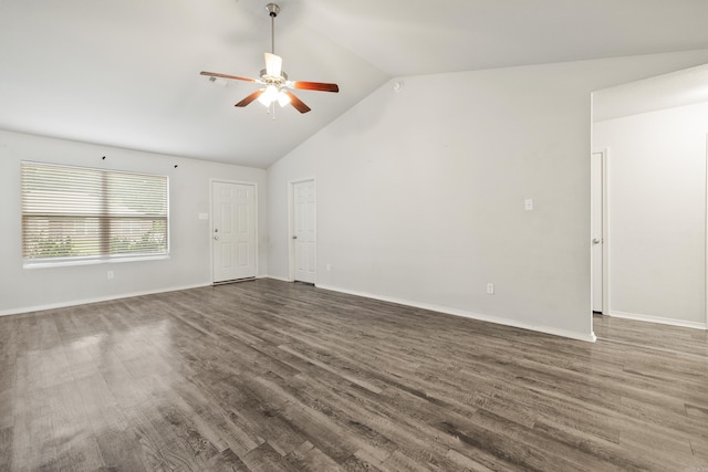 6096 Saddle Hill Dr, Alexander, AR 72002 - unfurnished living room featuring ceiling fan, dark wood-type flooring, baseboards, and high vaulted ceiling