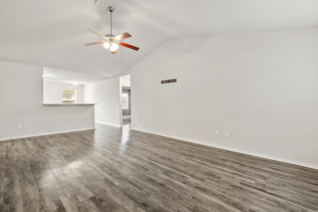 6096 Saddle Hill Dr, Alexander, AR 72002 - unfurnished living room featuring ceiling fan, vaulted ceiling, dark wood finished floors, and baseboards