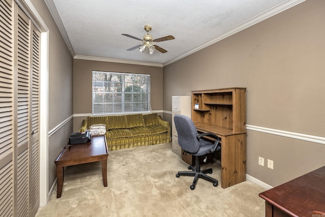 817 Ouachita Pl, Little Rock, AR 72205 - carpeted office with a ceiling fan, crown molding, a textured ceiling, and baseboards
