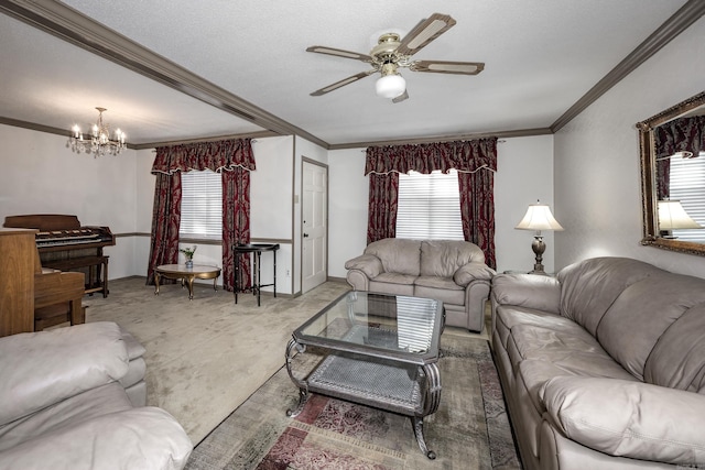 817 Ouachita Pl, Little Rock, AR 72205 - living area featuring crown molding, a chandelier, plenty of natural light, ceiling fan, and light carpet
