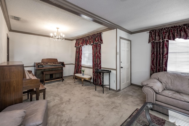 817 Ouachita Pl, Little Rock, AR 72205 - carpeted living room with crown molding, a textured ceiling, a chandelier, and baseboards