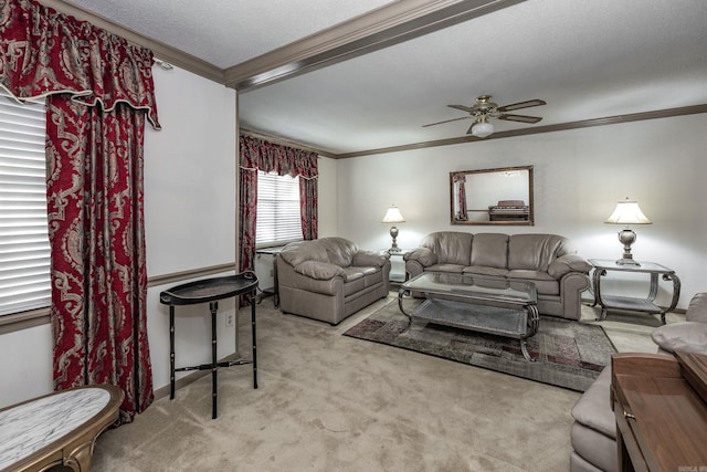 817 Ouachita Pl, Little Rock, AR 72205 - living area with crown molding, light colored carpet, a ceiling fan, and a textured ceiling