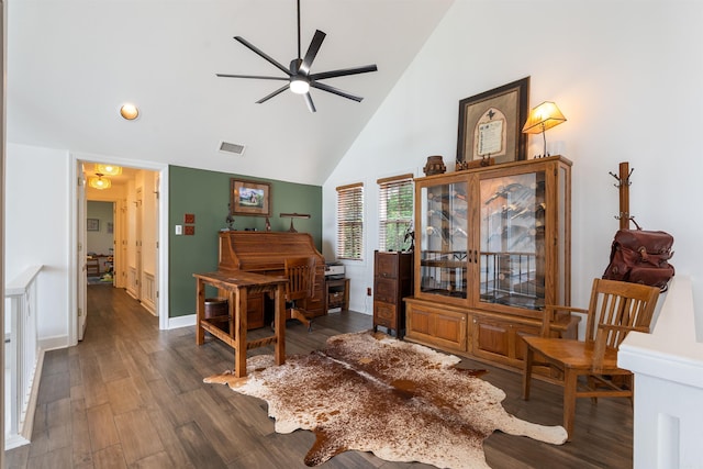 4501 Ridgefield Ln, Little Rock, AR 72223 - living area featuring a ceiling fan, wood finished floors, high vaulted ceiling, and baseboards