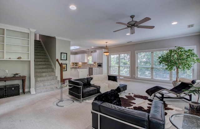 9 Lanes End, Little Rock, AR 72223 - living room with light carpet, ornamental molding, stairs, recessed lighting, and a ceiling fan
