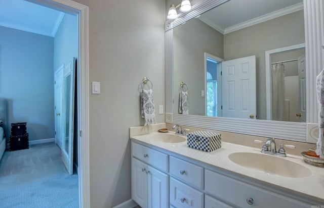 9 Lanes End, Little Rock, AR 72223 - bathroom featuring crown molding, double vanity, and baseboards