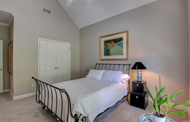 9 Lanes End, Little Rock, AR 72223 - bedroom with light carpet, a closet, baseboards, high vaulted ceiling, and ceiling fan