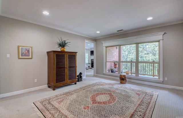 9 Lanes End, Little Rock, AR 72223 - living room featuring light colored carpet, baseboards, recessed lighting, a fireplace, and crown molding