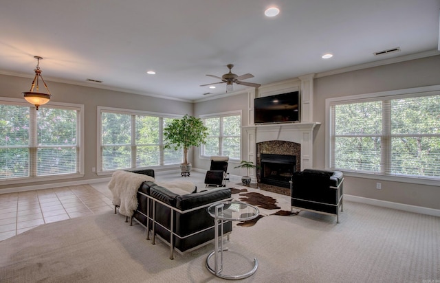 9 Lanes End, Little Rock, AR 72223 - carpeted living area with a fireplace, a ceiling fan, ornamental molding, baseboards, and recessed lighting