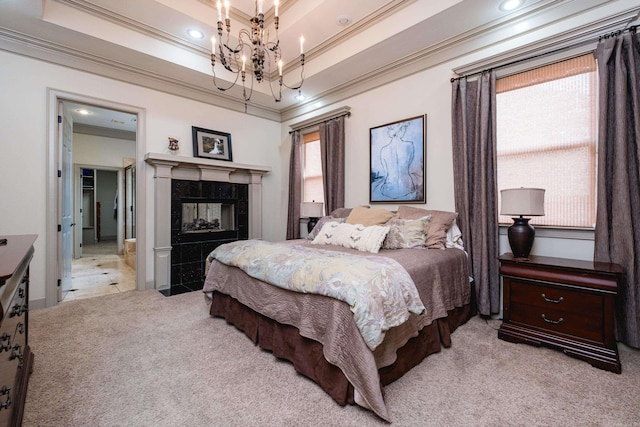 22 Epernay Cir, Little Rock, AR 72223 - carpeted bedroom featuring crown molding, a chandelier, a fireplace, and recessed lighting