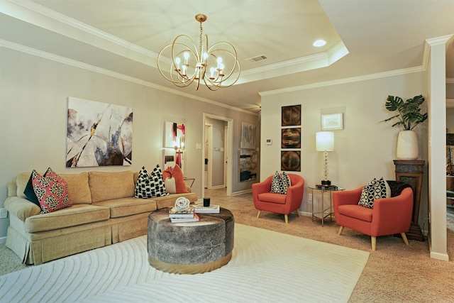 8 Smokey Ridge Ct, Sheridan, AR 72150 - living area with light colored carpet, a chandelier, a raised ceiling, crown molding, and baseboards