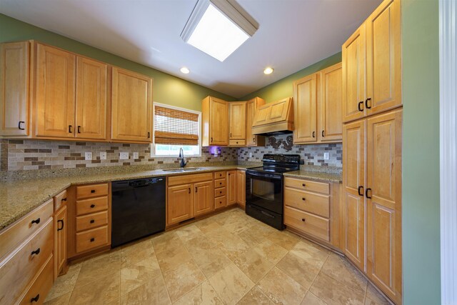 505 E Tri Lks, Horseshoe Bend, AR 72512 - kitchen with black appliances, a sink, custom range hood, light brown cabinets, and backsplash