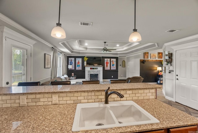 390 Bobwhite Cir, Lonoke, AR 72086 - kitchen featuring a sink, a ceiling fan, a glass covered fireplace, crown molding, and a raised ceiling