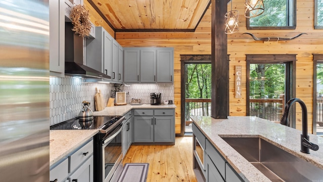 136 Gnarly Maple Trl, Hochatown, OK 74728 - kitchen with stainless steel appliances, a sink, gray cabinetry, light wood-style floors, and wooden ceiling