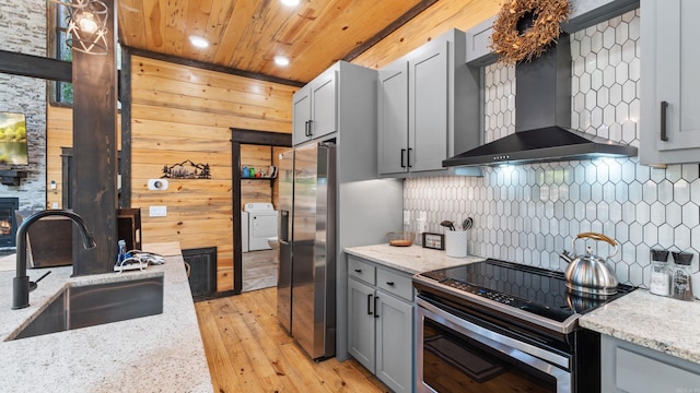136 Gnarly Maple Trl, Hochatown, OK 74728 - kitchen with wall chimney exhaust hood, stainless steel appliances, a sink, wooden ceiling, and gray cabinetry