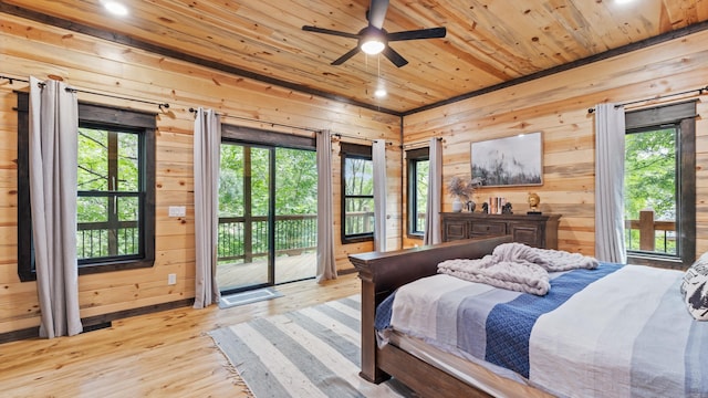 136 Gnarly Maple Trl, Hochatown, OK 74728 - bedroom featuring wooden ceiling, access to outside, wooden walls, recessed lighting, and wood finished floors