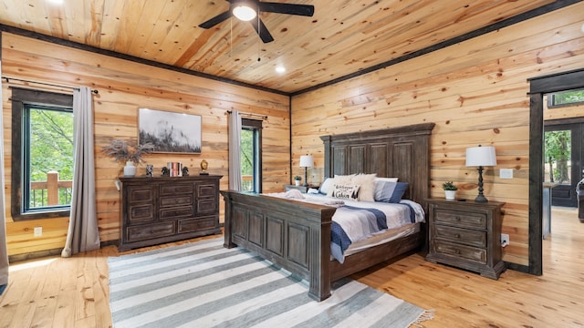 136 Gnarly Maple Trl, Hochatown, OK 74728 - bedroom featuring wood ceiling, light wood-type flooring, wood walls, recessed lighting, and a ceiling fan