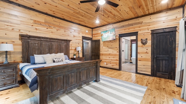 136 Gnarly Maple Trl, Hochatown, OK 74728 - bedroom with wooden ceiling, light wood-style floors, wooden walls, recessed lighting, and a ceiling fan