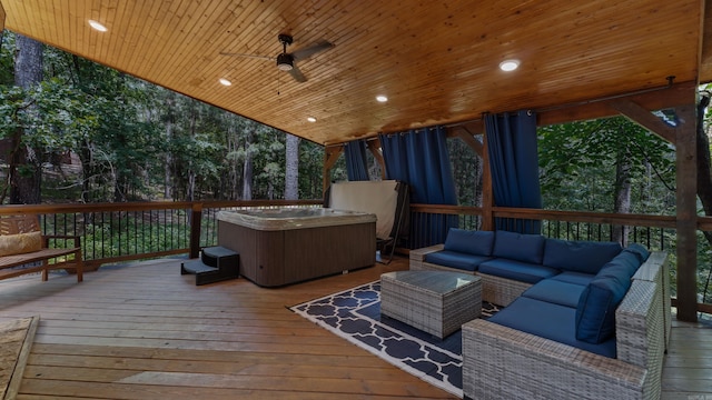 136 Gnarly Maple Trl, Hochatown, OK 74728 - wooden terrace with a hot tub and an outdoor hangout area