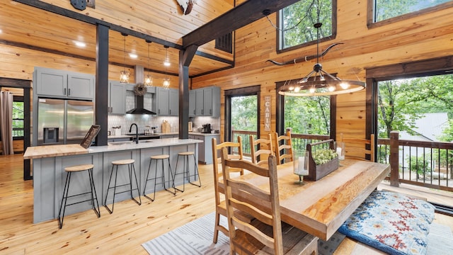 136 Gnarly Maple Trl, Hochatown, OK 74728 - dining area with wooden walls, light wood-style flooring, and wood ceiling