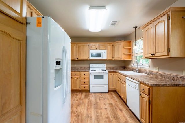 304 Main St, Letona, AR 72143 - kitchen with white appliances, a sink, light wood-style flooring, light brown cabinets, and open shelves