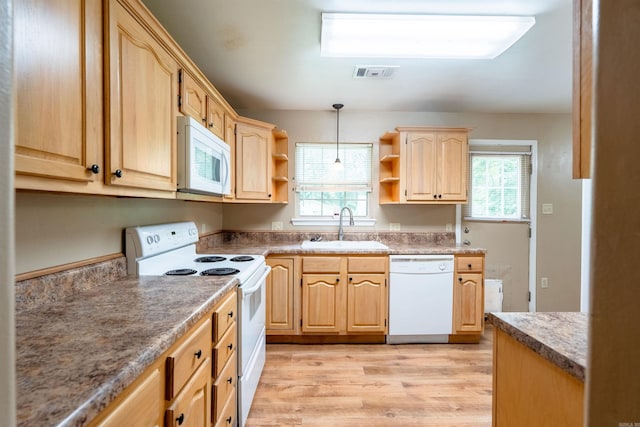 304 Main St, Letona, AR 72143 - kitchen featuring white appliances, a sink, light brown cabinets, open shelves, and light wood-style floors