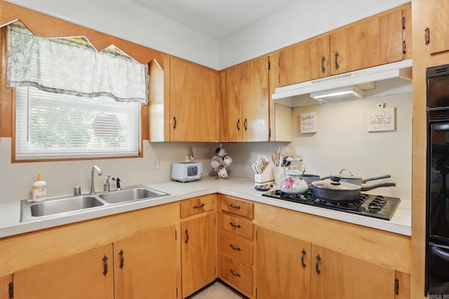 415 W 50th St, North Little Rock, AR 72118 - kitchen featuring a sink, black gas stovetop, light countertops, and under cabinet range hood