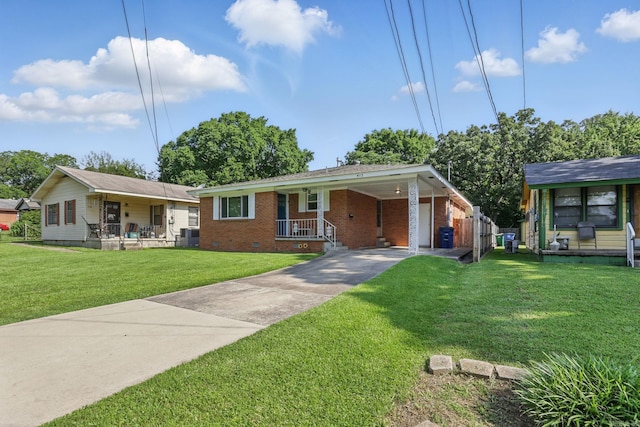 415 W 50th St, North Little Rock, AR 72118 - view of front of home featuring crawl space, driveway, brick siding, a front lawn, and covered porch