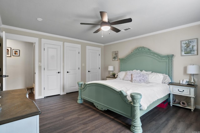 3101 Lax St, Newport, AR 72112 - bedroom featuring dark wood-type flooring, ornamental molding, baseboards, and ceiling fan